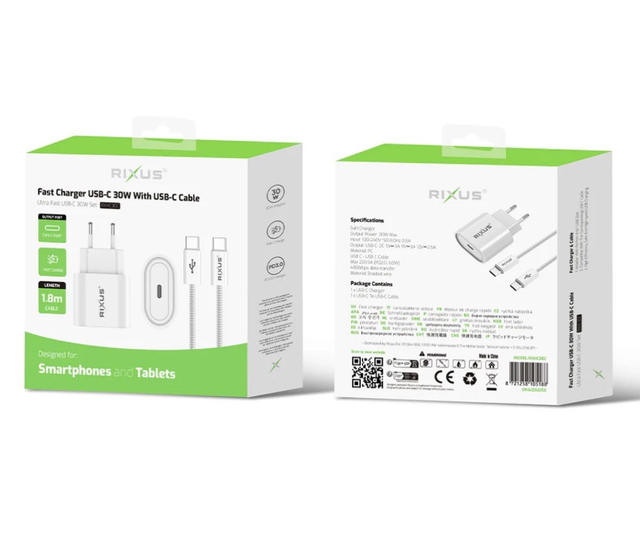 Chargeur Original Rixus RXHC30C 30W GaN + Câble USB-C vers USB-C 1,8 m