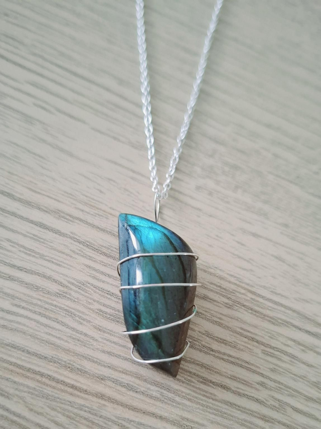Labradorite wire wrapped pendant with silver plated chain