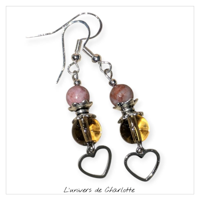 Boucles d&#039;oreilles &quot;Rhodonite &amp; Quartz fumé&quot; BO-144