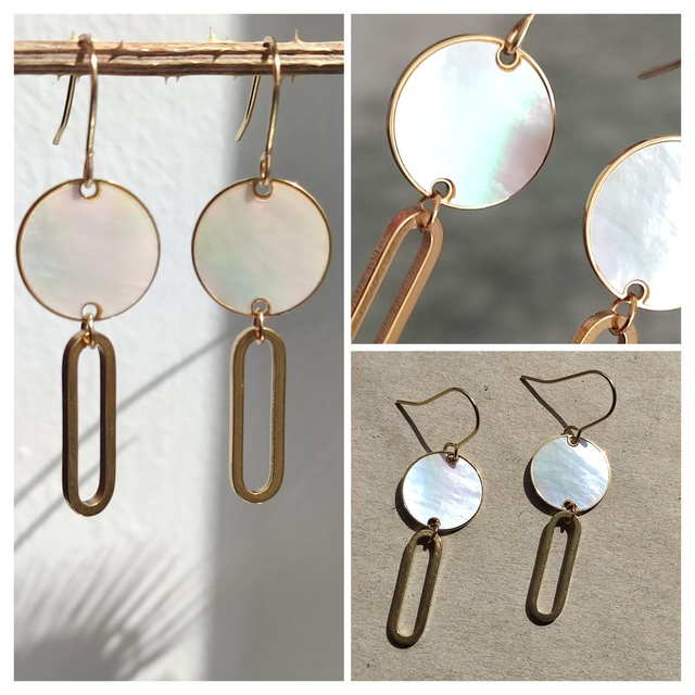 Boucles d&#039;oreilles en nacre et acier inoxydable doré -sans nickel, pièce unique 