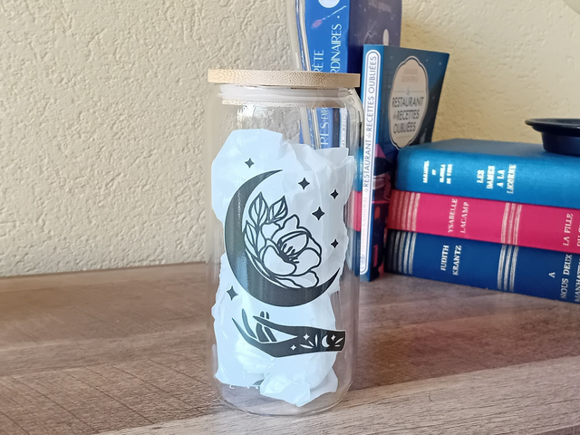 Gobelet en Verre 550ml - Main et Lune Fleurie - Paille en Verre et Couvercle en Bambou