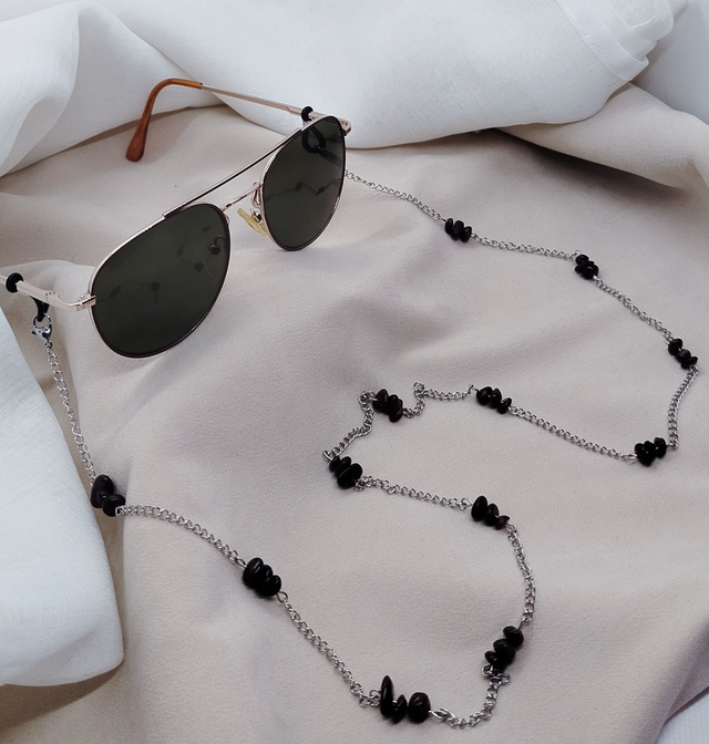 Chaîne de lunettes 80 cm acier inoxydable et pierres naturelles baroques (grenat)