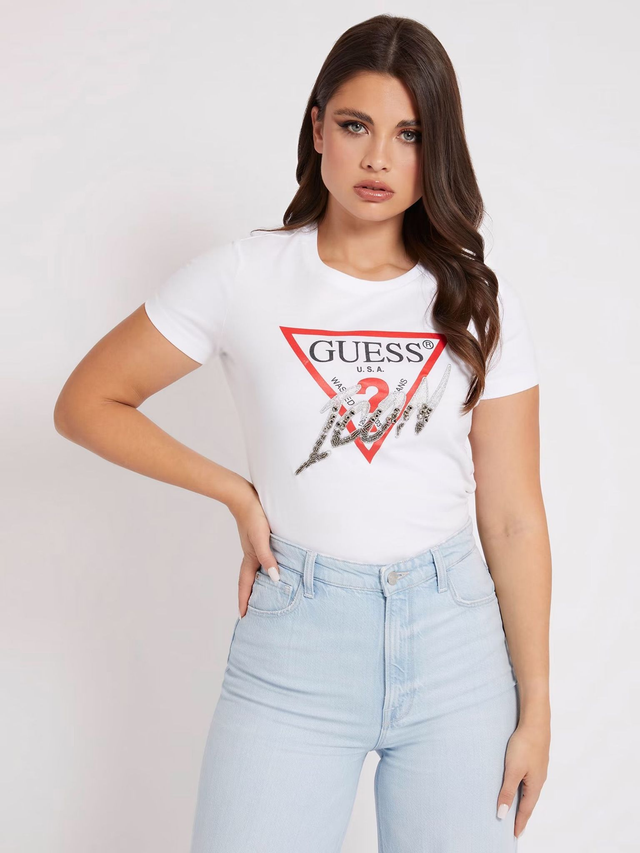 B3413M26 - GUESS T shirt mezza manica girocollo con stampa classica piu applicazioni