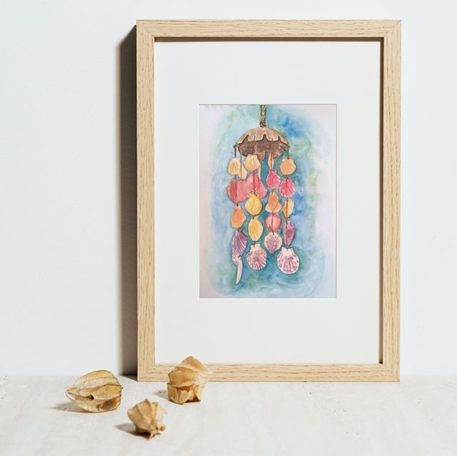 Tableau original à l'aquarelle mobile en coquillages méditerranéen, A4 environ