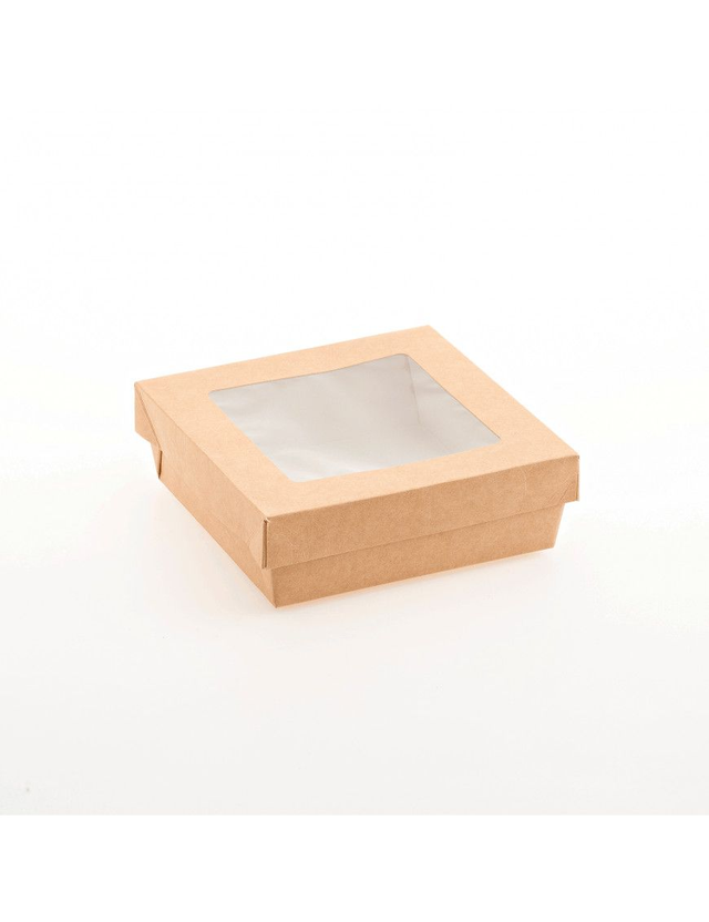 Scatola in cartoncino Kraft con coperchio a finestra 1000 ml. 15,8x15,8x5,0 cm.