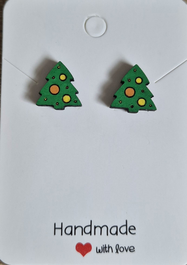 Christmas Tree Shaped Wooden Stud Earrings  