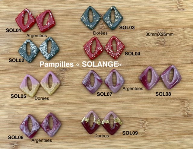 SOL..  Pampilles "SOLANGE» en pate polymère ,resine UV 30mmX25mm ,vendues par paire