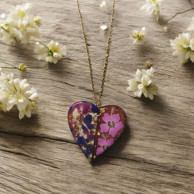 Collier dessiné Flora acier inoxydable violet parme bi matière