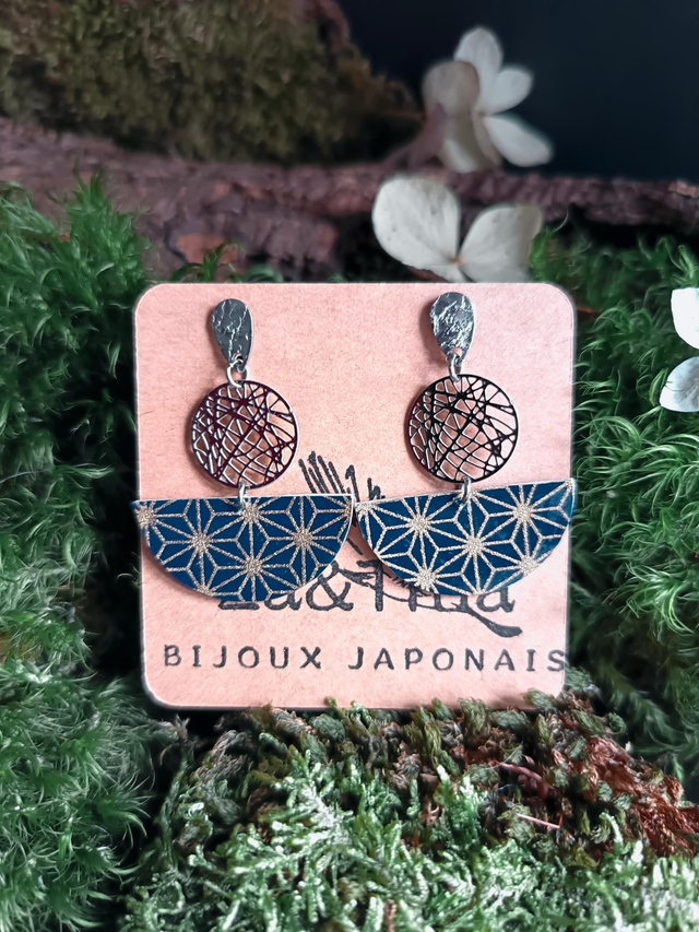 Boucles d'oreilles - puces - papier washi - rond argenté - La&amp;Titia 
