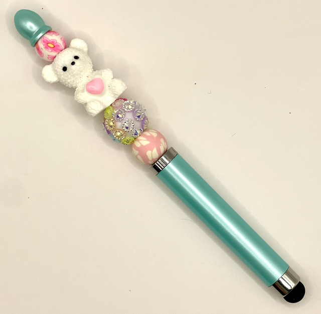 S75 - Stylo à perles ours cœur blanc