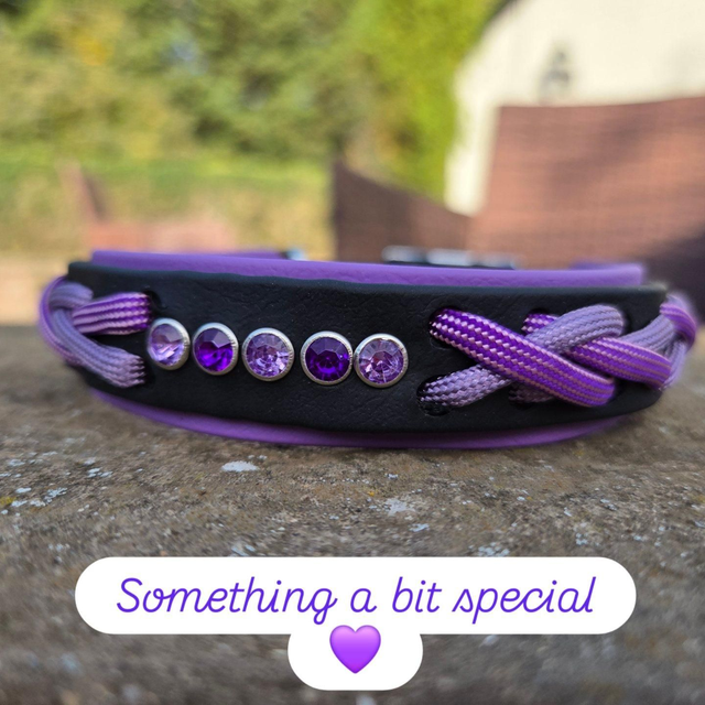 Crystal and paracord biothane collar black/purple 25mm x 14-16.5 ins