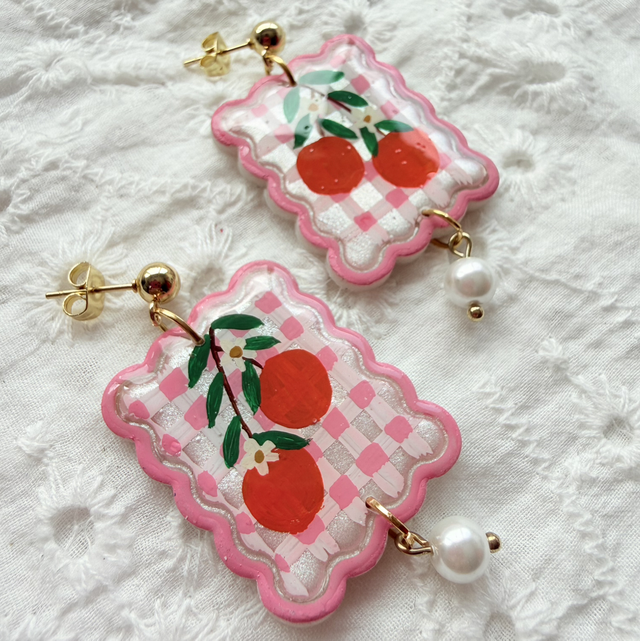 Pink Gingham Orange Pearl Earrings