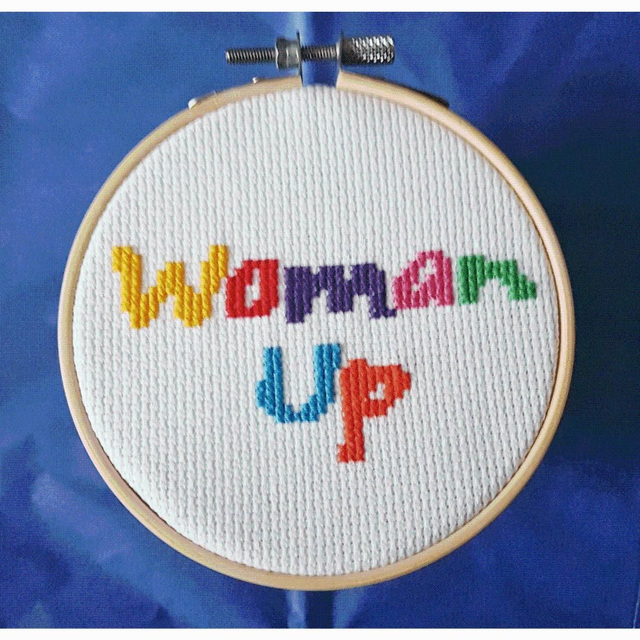Woman Up, hand sewn cross stitch quote for positivity and motivation