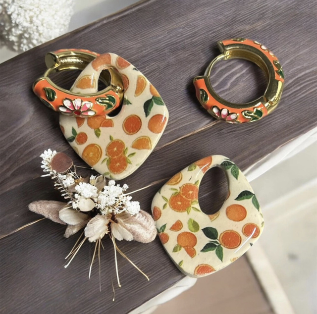 Créoles pampilles interchangeables motif oranges – Bijou fait main