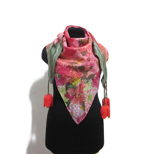 Scialle lana merino seta feltro Fatto a mano scialle Caldo infeltrimento fiori tulipani arancia