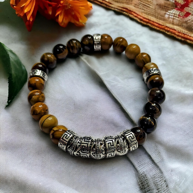 Protection et Ancrage /Bracelet en bois de fossile et œil de tigre / 8mm