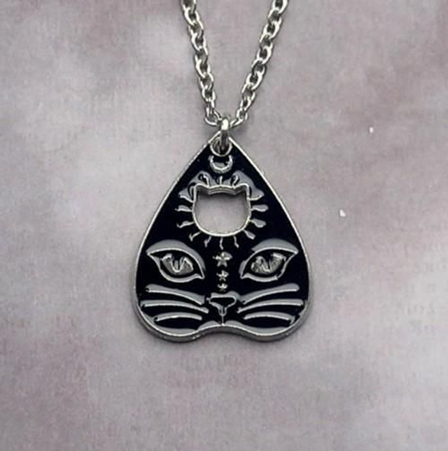 Black Cat Face Planchette Necklace 