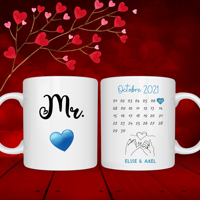 Tasse personnalisée Monsieur ou Madame + calendrier couple  