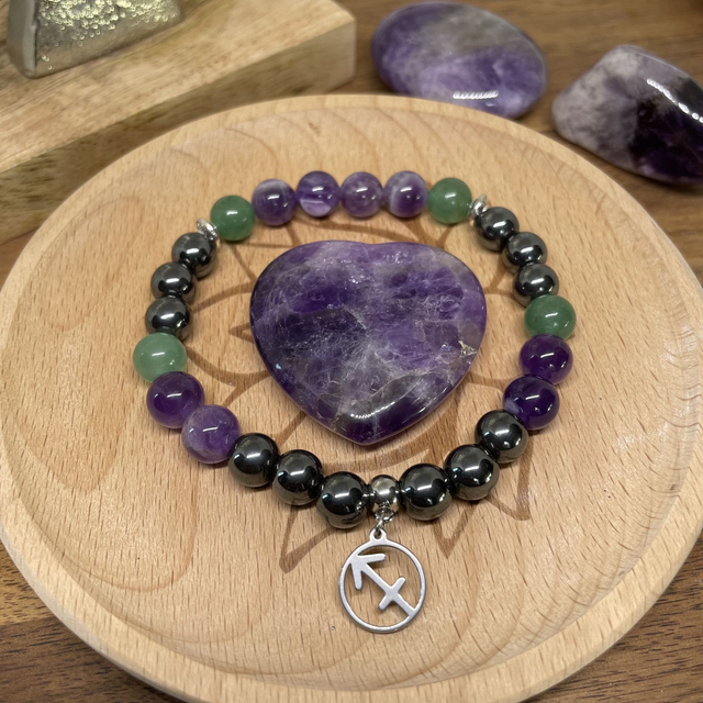 🍀♐️🧘‍♀️Bracelet Signe Sagittaire en Améthyste, Hématite et Aventurine