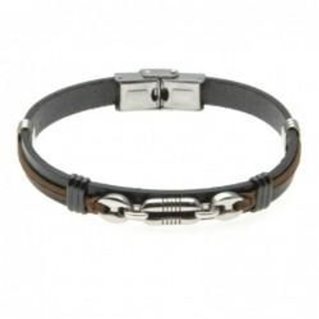 Bracciale uomo in pelle nera con inserti in acciaio 