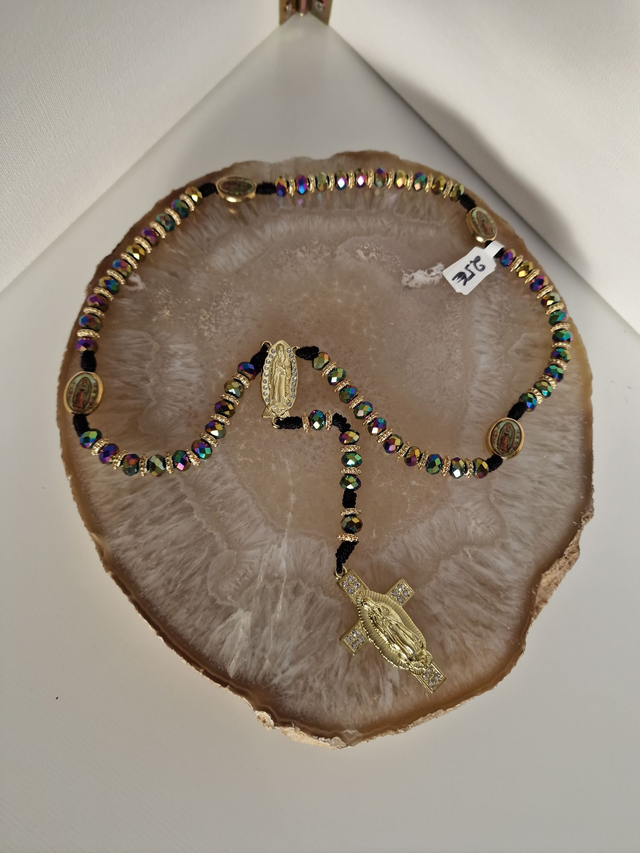 Collier Chapelet Perles Cristal Noires Multicolore Croix Vierge Strass Acier Doré