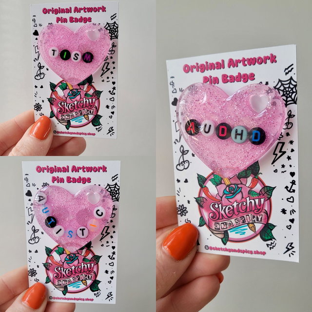 Handmade Resin Heart Badges – Neurodivergent Pin Designs - Autistic, AuDHD, tism, ADHD