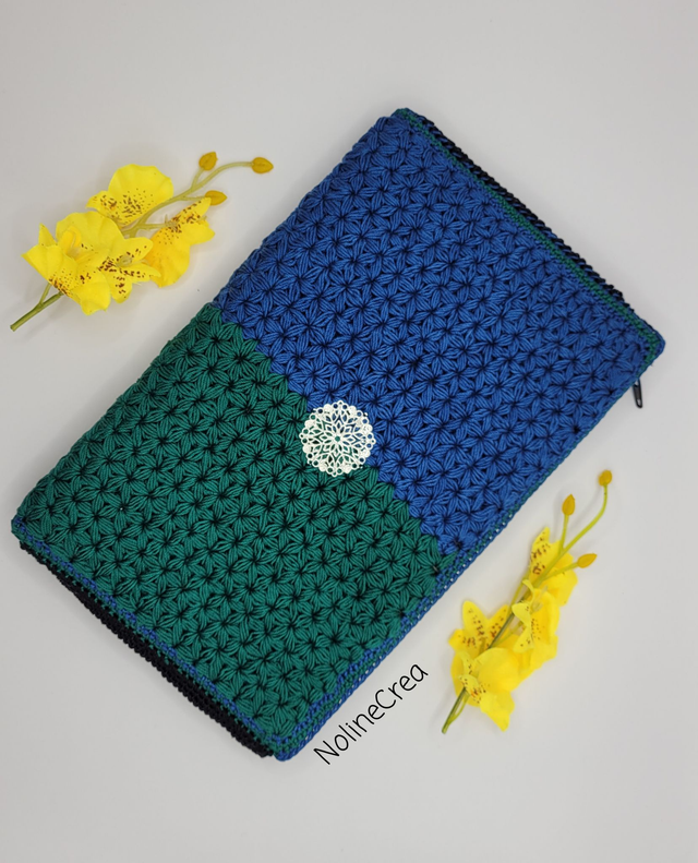 Pochette soirée bleu et vert, Pochette point jasmin, Pochette originale, Pochette bicolore