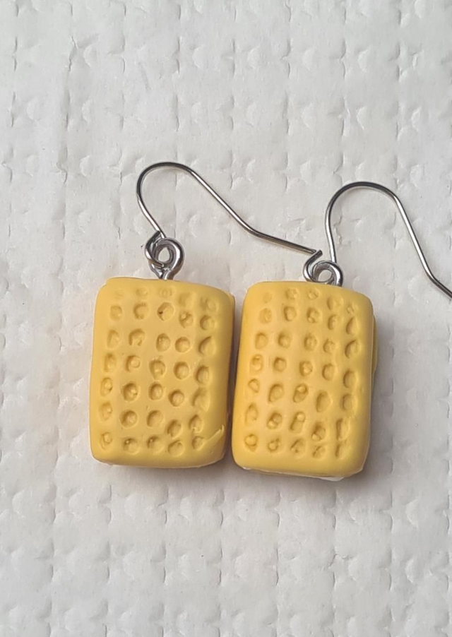 Earrings clay cream rectangle biscuit yellow white novelty