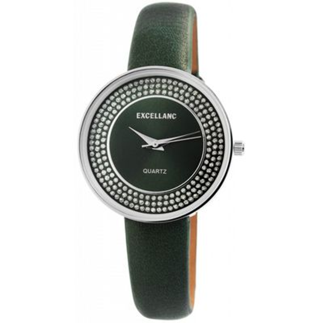 Montre marque Excellanc femme fond vert argenté, bracelet cuir de couleur vert