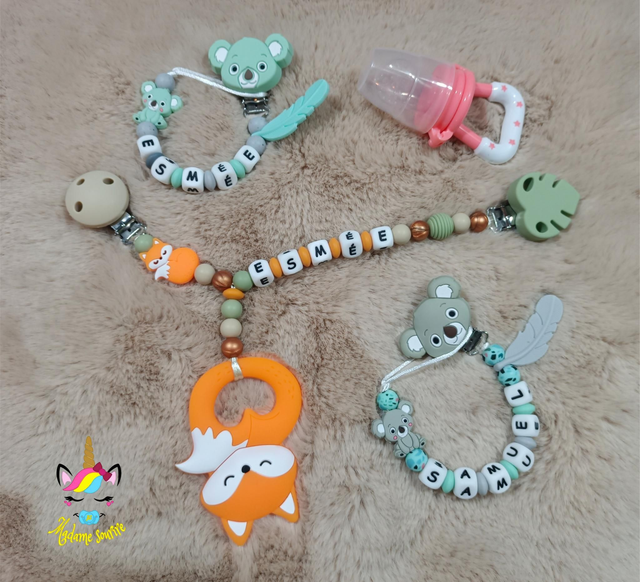 2 attaches tétines+ + 1 Attache doudou avec jouet + 1 Tétine grignoteuse