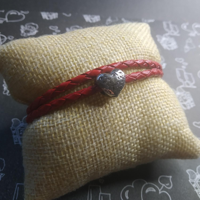 Bracelet cuir cœur argent feuillage 