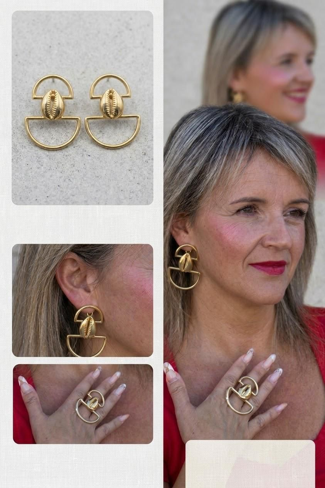 Boucles d'Oreilles &amp; Bague Dorée "Akwaba " 
