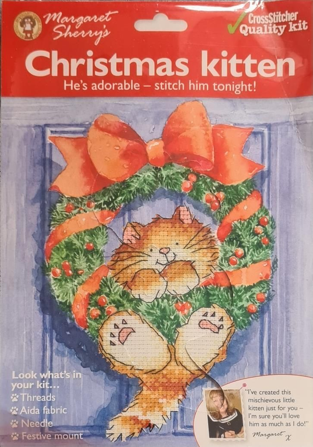 New Small Cross Stitch Cat Christmas Wreath