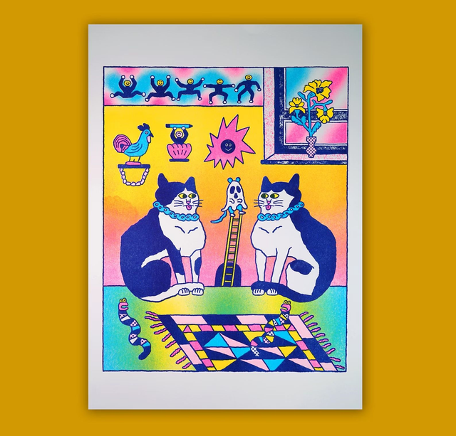 Twin Cats A3 Risograph Wall Art