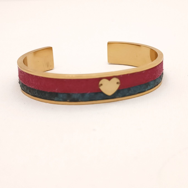 Bracelet manchette Love – Acier inox doré &amp; simili cuir rose/vert 