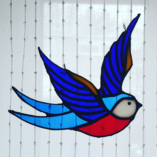Traditional Swallow Tattoo Inspired Copper Foiled Glass Decoration
