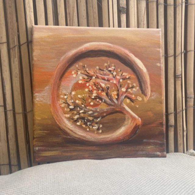 Schilderij ronde boom Aarde tinten rood bruin vierkant klein handgeschilderd 20x20 cm stretched canvas acryl