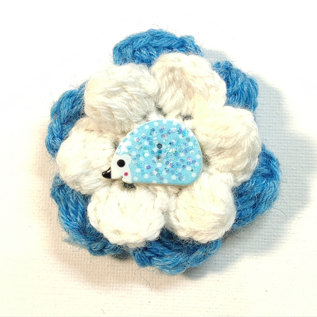Barrette fleur double bleu blanc crochet bouton hérisson pince plate