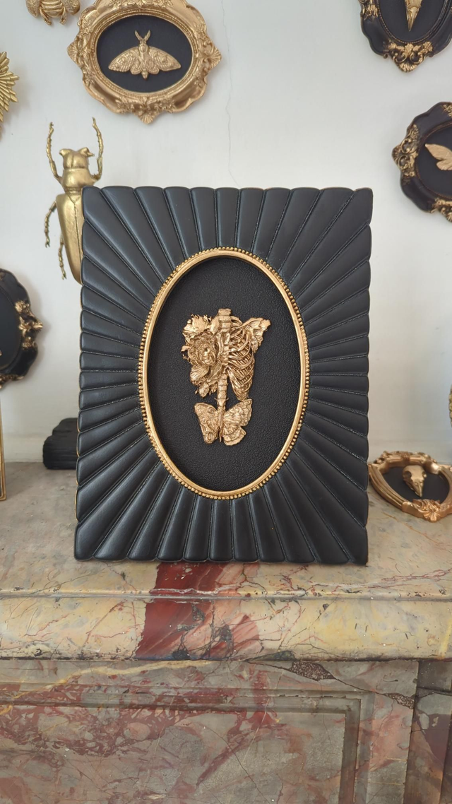 Cadre noir et doré ovale squelette botanique