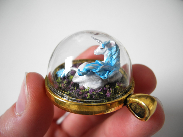 Unicorn - OOAK Biosphere Jewelry - Clear glass globe with a delicate Unicorn on a lavender field inside– fantasy jewelry
