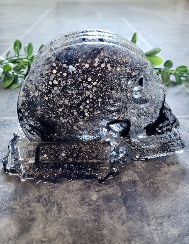 Coasters Set of 4 with Holder - Skull Coasters with Silver Glitter and Black Swirls