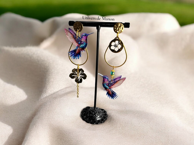 Boucles d'oreilles Colibris Violet Bleu  (doré) 