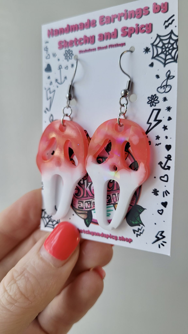 Earrings | Flat Holographic Bloody Ghostface Scream Earrings - White Bloody | Stainless Steel Hooks
