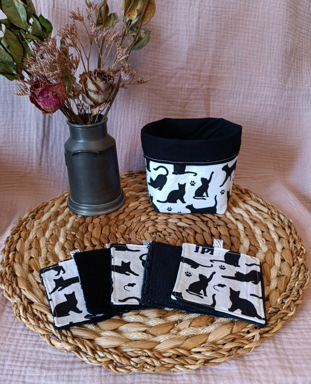 Panière + 5 Cotons Lavables Chats Noir