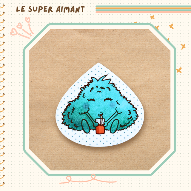 Un super aimant momote cocktail fond blanc à pois bleu