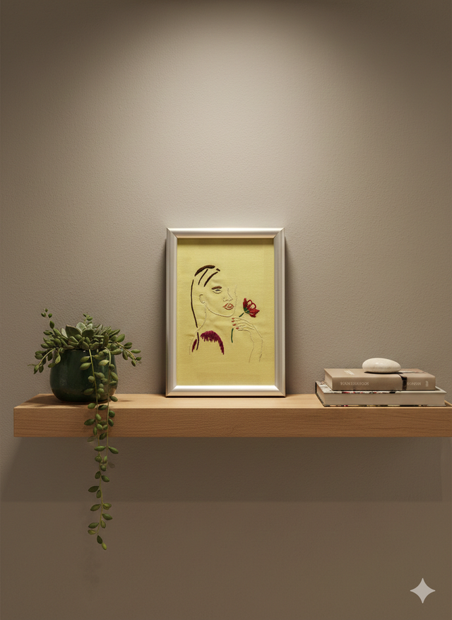 Tableau Brodé Main "Femme Coquelicot" – Minimalisme & Poésie – Pièce Unique