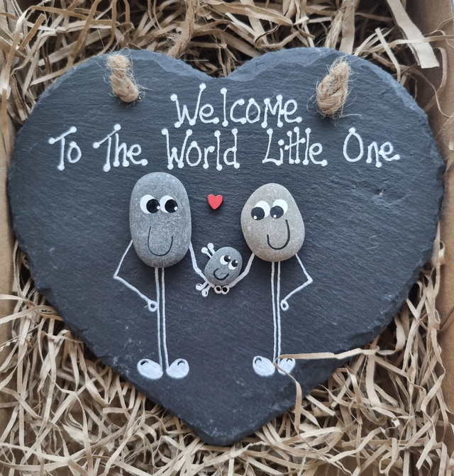 &#039;Welcome to the World Little One&#039; Pebble Art Slate