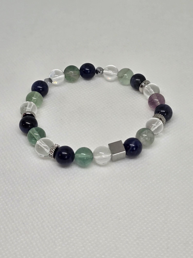 Bracelet Mémoire : Sodalite, Fluorite, Cristal de roche en 0,8 cm