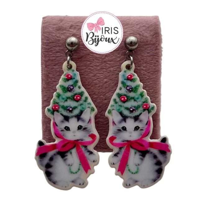 Orecchini gattini cappello albero di Natale 