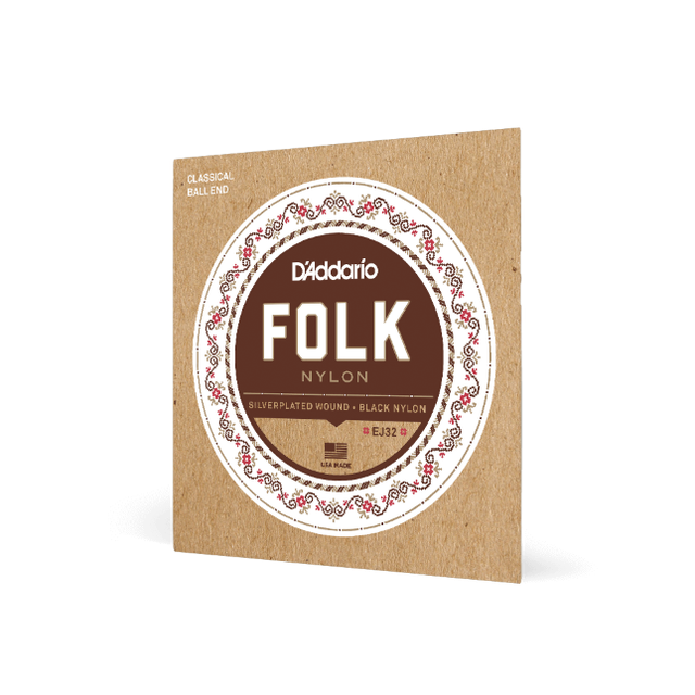 D'Addario Cordes en nylon pour guitare folk D'Addario EJ32, extrémité à boule, filet en argent/cordes aiguës en nylon noir